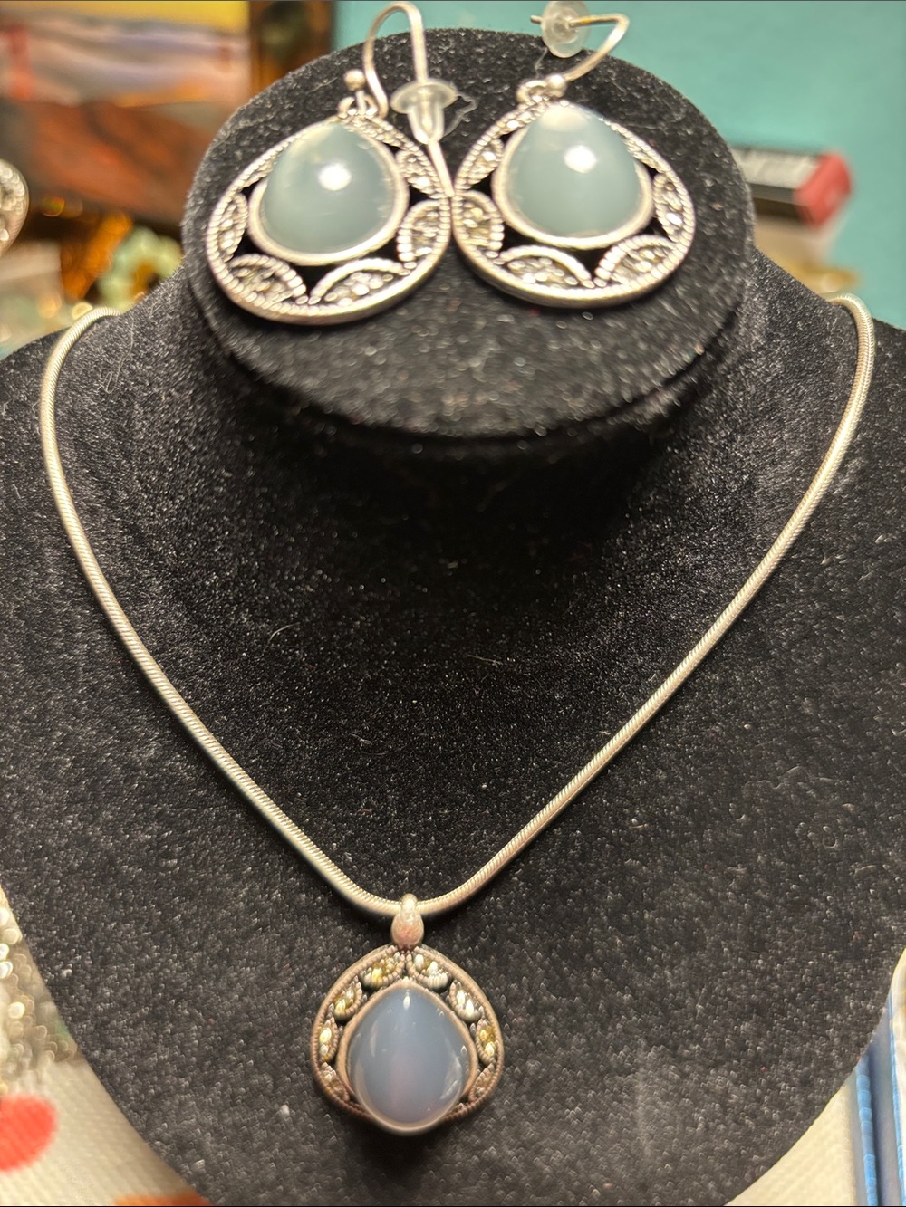 Silver Teardrop Blue Chalcedony Pendant Necklace and Earring Set